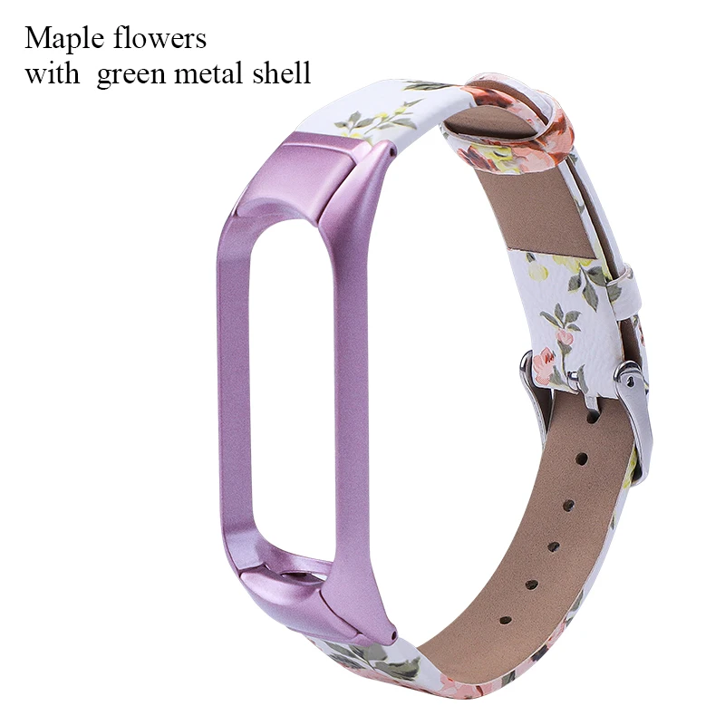 Цветной кожаный ремешок BOORUI mi Band 4 для Xiaomi mi Band 3 4 с цветочным принтом Золотой металлический чехол mi band 3 кожаный ремешок для часов - Цвет: Maple flowers