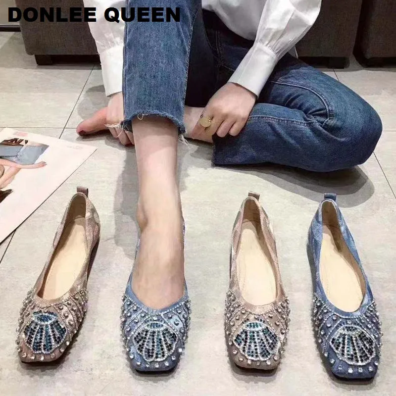 

Crystal Flats Shoes Women Ballerinas Square Toe Flat Shallow Shoes Ladies Shoes Female Casual Slip On Ballet Flats zapatos mujer