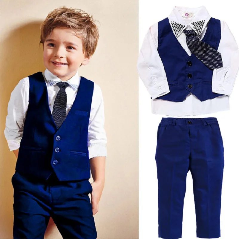 Online Jungen Gentleman Anzug Set Weste Hemd Hose Krawatte 4Pcs Kinder Hochzeit Ring Bearer Formale Tragen Kinder Herbst Kleidung