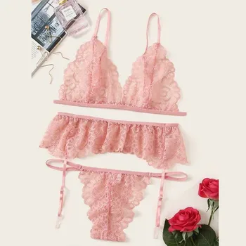

Women's Underwear Sets Thin Slim Bra Set for Lady Wireless Bra Thong Garter Set Sexy Solid Color Floral Lace Lingerie Plus Size