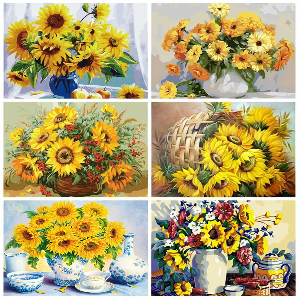 AZQSD pintura al óleo por números sin marco, Set de girasoles artesanales  para colorear, lienzo con números, flores, regalo pintado a mano|Pintura  por números| - AliExpress