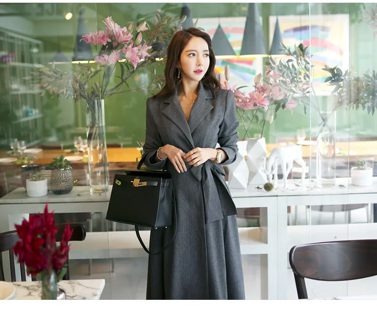 HAMALIEL High Quality Autumn Winter Skirt Long Trench Coat Women Elegant Gray Turn Down Collar Lace Up Fashion OL Windbreaker