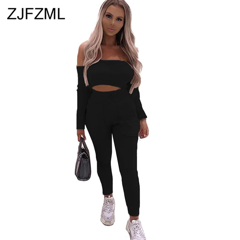 

Fall Winter Solid 2 Piece Set Sweatsuits for Women Slash Neck Open Back Crop Tops and Pockets Pencil Pants Causal Matching Sets