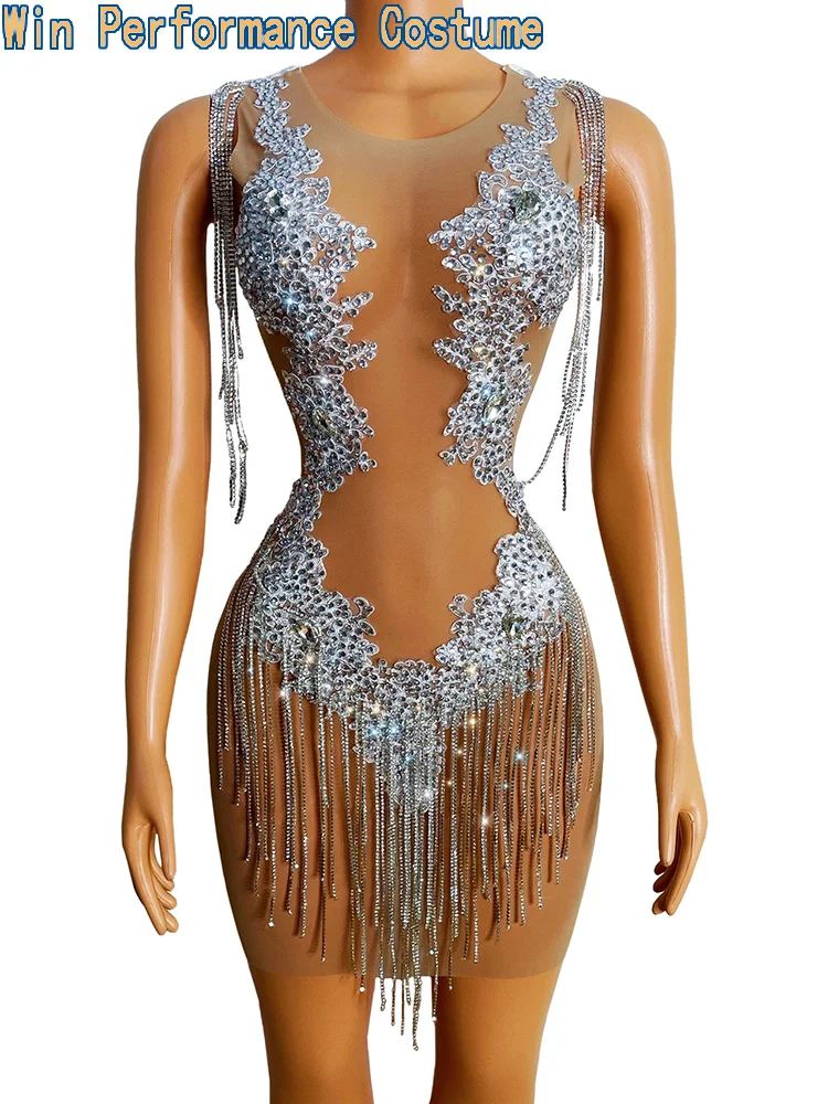 Sparkly Silver Stones White Tassel Nude Fleshcolor Birthday Prom Celebrate Outfit Bar Evening Women Dancer Fringes Dress