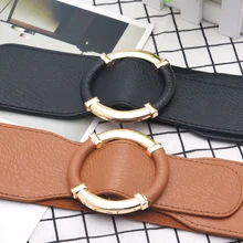 Women's Round Buckle Belts Imitation Leather Soft High Quality Durable Elastic Belts Temperamental Elastic Stretch Waist Belts