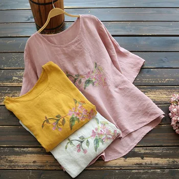 

7587 New Summer Women Blouse Chinese Style Literary vintage O-Neck Embroidered Pullover Tops Linen Short Sleeve Shirts Women