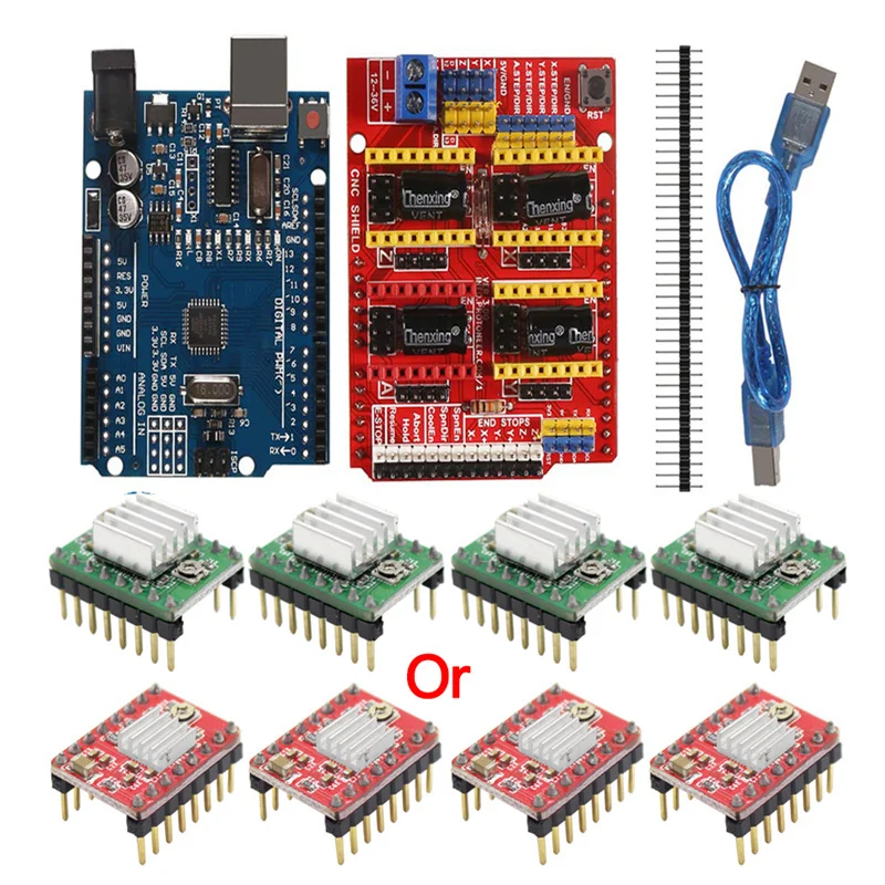 

CNC Shield Expansion Board V3.0+UNO R3 Board with usb for Arduino+4pcs Stepper Motor Driver A4988 Kits for Arduino