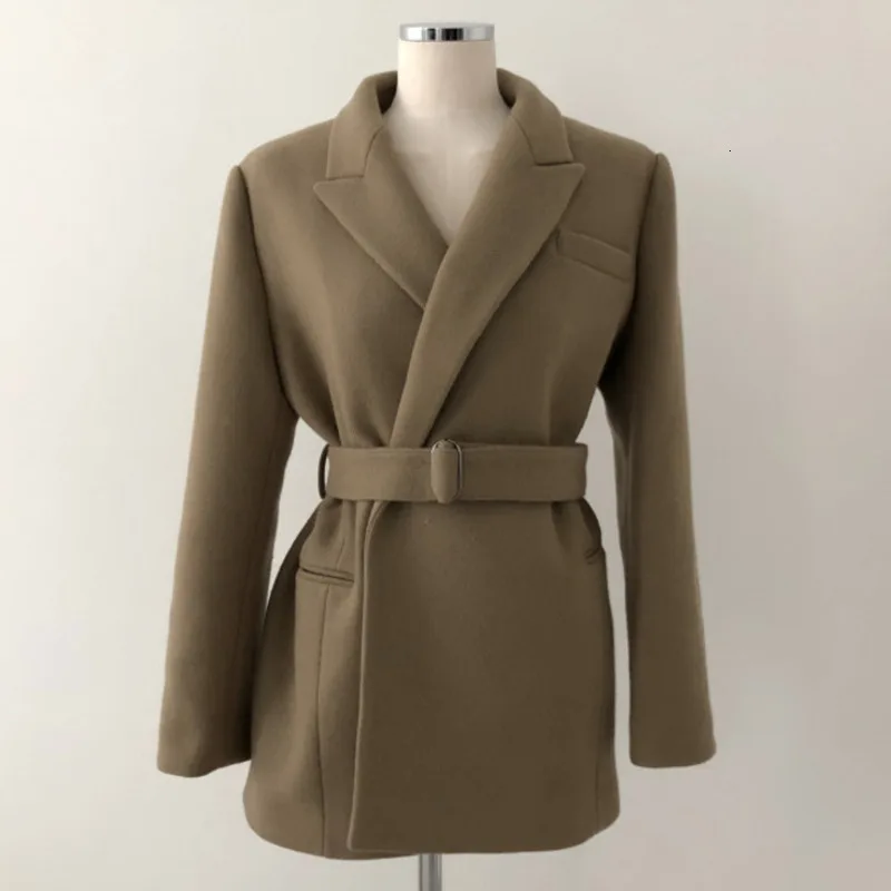 Korean Autumn Winter Women Wool Blend Blazers Jackets With Belt Work Office Lady Suit Casual Slim Business Female Blazer Coat