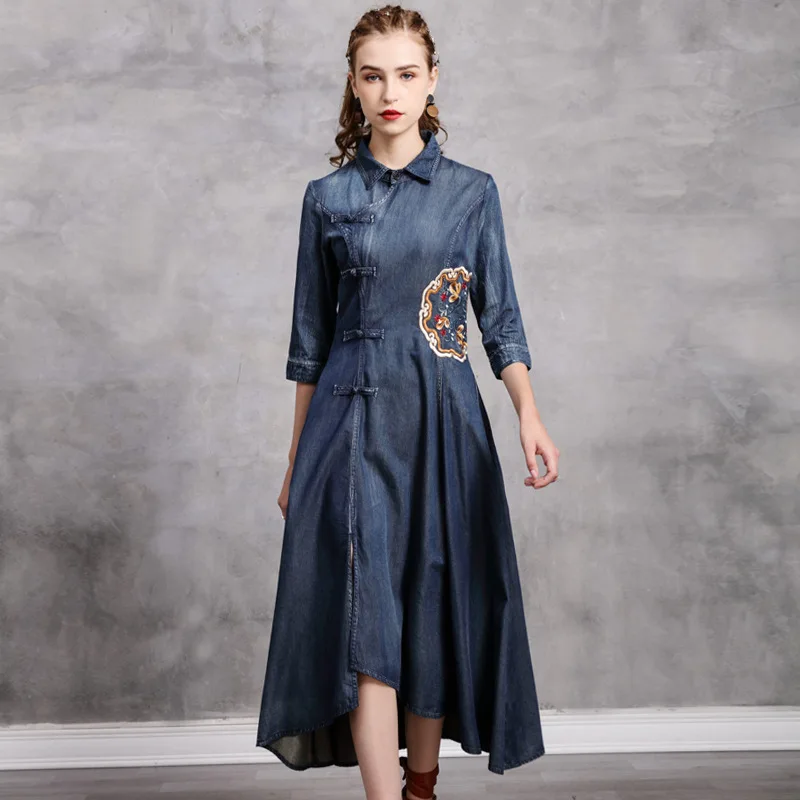 

Spring Women Denim Dress Vintage Floral Embroidery Turndown Collar Half Sleeve Midi Dresses Lady Elegant Assymetrical Jean Dress