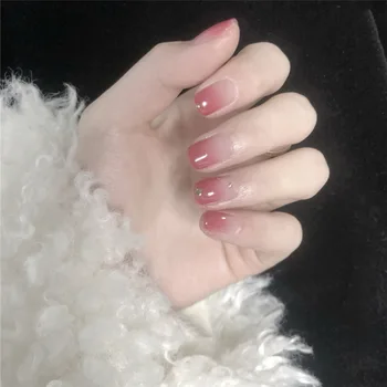 

24pcs Full Cover Fake Nails Fashion Pink Gradient Shiny Rhinestone Decoration Short Square Head Bride Artificial Nails with gule