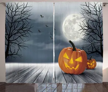 

Halloween Window Curtains Cold Foggy Night Dramatic Full Moon Pumpkins on Wood Board Trees Print Living Room Decor Bedroom Orang