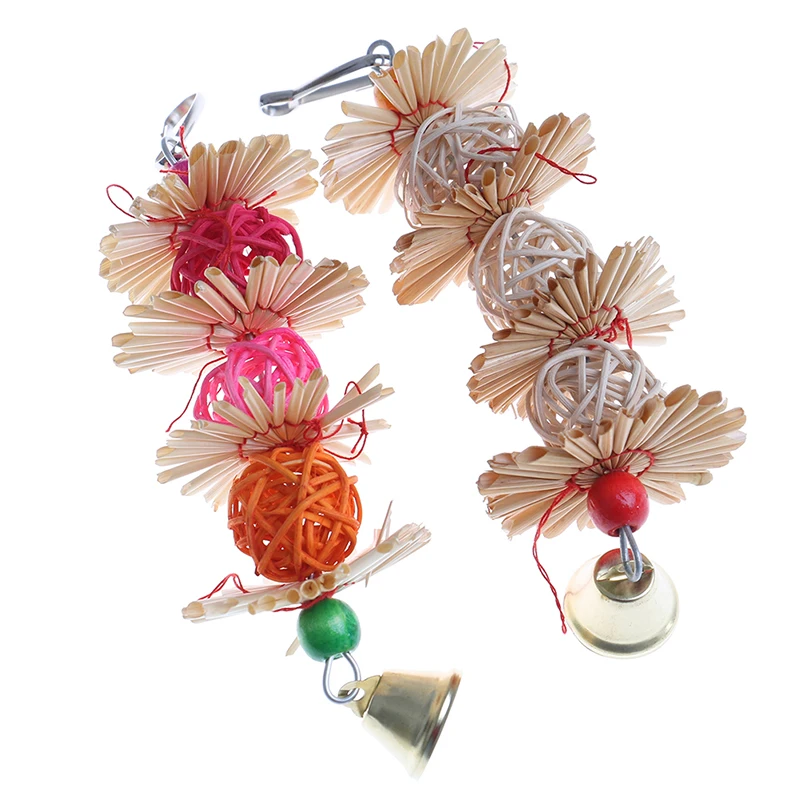 Colorful Parrot Chew Strands Bite Teeth Griiding Ball Bell Attractive Bird Parakeet Bite Molar Rattan Ball Toys