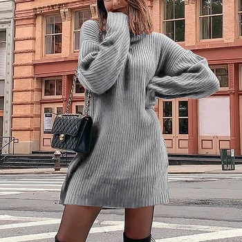 

High Collar Sweater Shoulder Long Sleeve Sweater Dress Female Autumn Winter Women Slim Long Thick Drop Tops