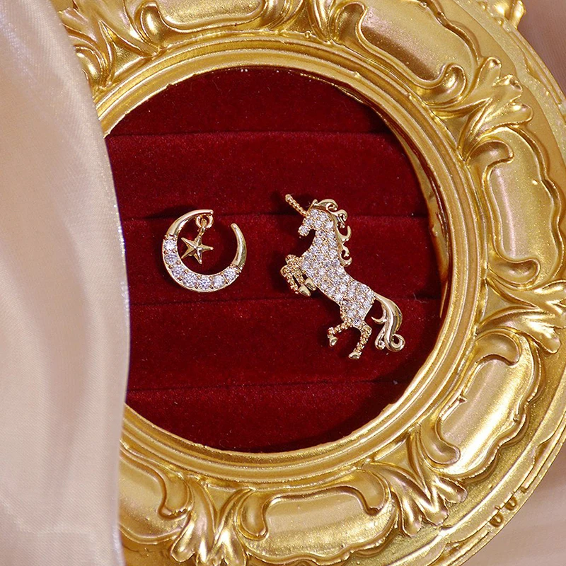 Korean Fasion Creative Asymmetry Unicorn Women Earrings AAA Bling Zircon Moon Star Stud Earring Wedding Jewelry for Bridal - Image 4