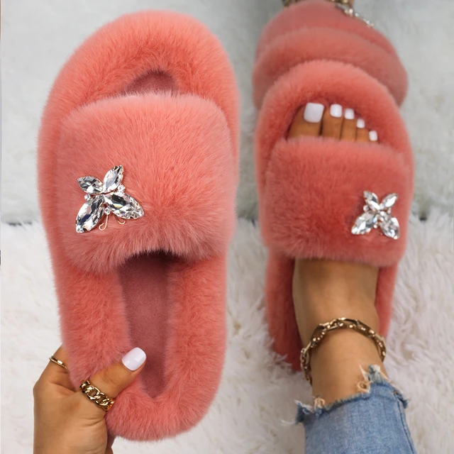 Fluffy Slippers Women Crystal Flower Decor Furry Sandals Elegant Ladies Home Flip Flops Faux Fur Slides Luxury Designer Shoes Orange5