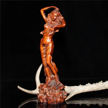 

China old Beijing old goods Wood carving Old Boxwood Seiko machine Beauty woman female statue