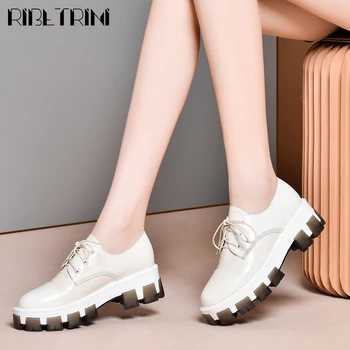 

RIBETRINI Brand Girl Chunky Heels Platform Mixed Color Spring Shoes Woman shoes lace Flats Women Office Genuine Leather Flats