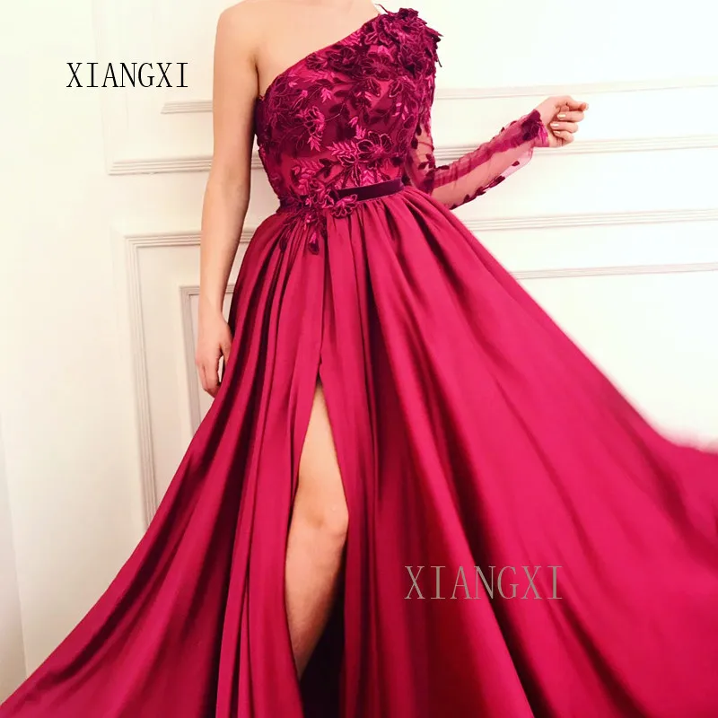 Vestido De Festa Rose Avondjurk Satin A-lijn Een Schouder Mouwen Kant Applicaties Avondjurken Lange Formele Gowns Abendklei