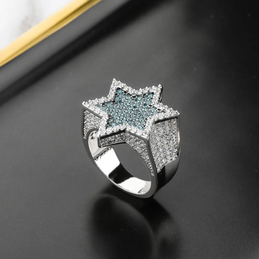 TOPGRILLZ шестиугольник звезда Серебряный Синий Iced Out кубический циркон кольца микро проложили личности хип хоп ювелирные изделия для подарков