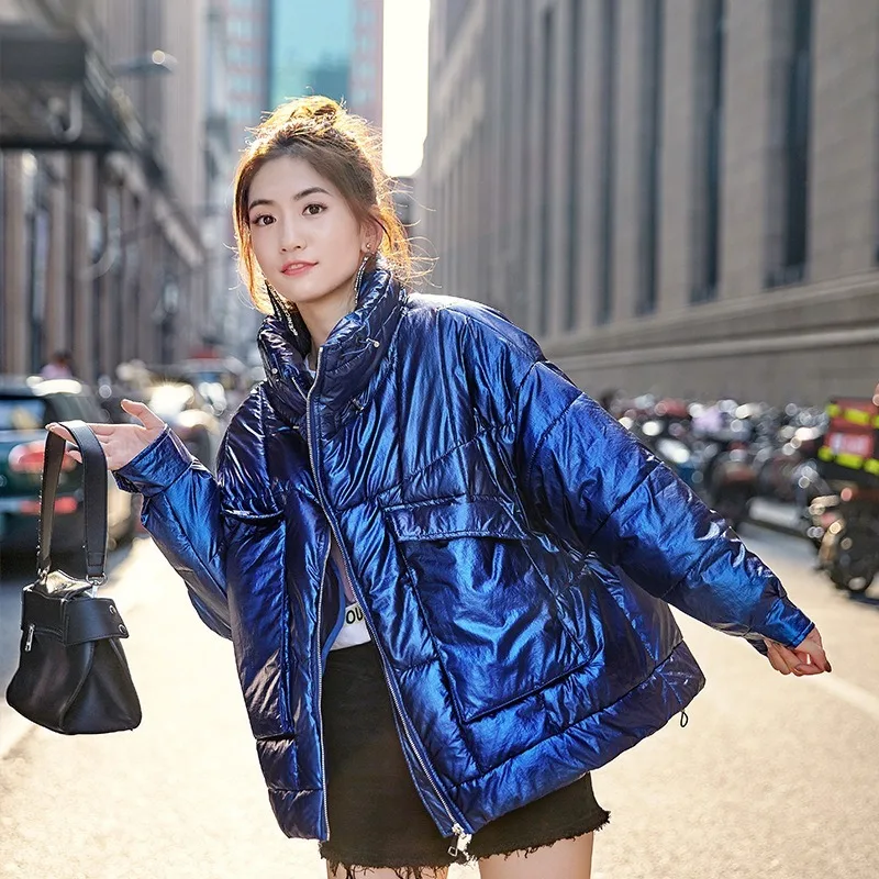 FORERUN Winter Bubble Jacket Women Oversized Glossy Silver Standard Collar Coat Cotton Padded Parkas Manteau Femme Hiver