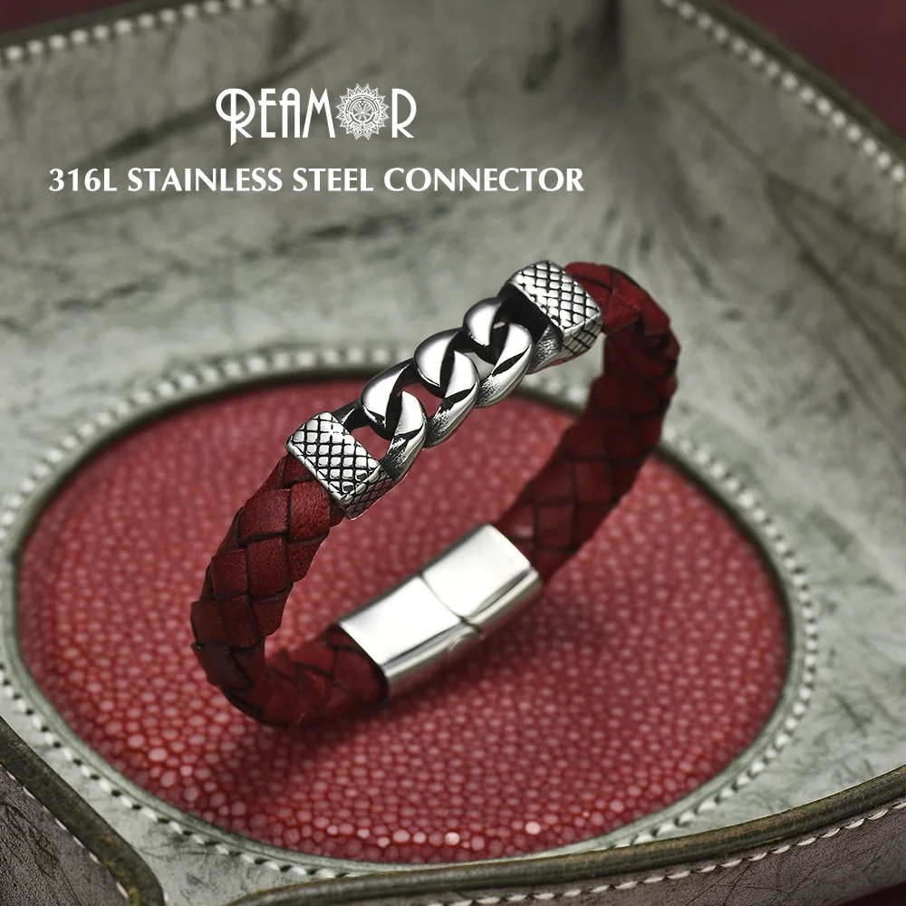 

REAMOR Classic Stainless Steel Bracelets & Bangles Men's Fashion Red Genuine Leather Bracelet Wristbands Gift Male Jewelry