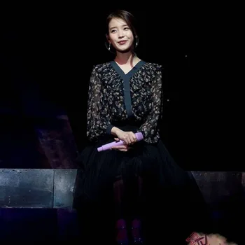 

kpop IU Lee Ji Eun slim long sleeve V-neck Floral Chiffon shirts blouse+black Elastic High waist skirts women two piece outfits