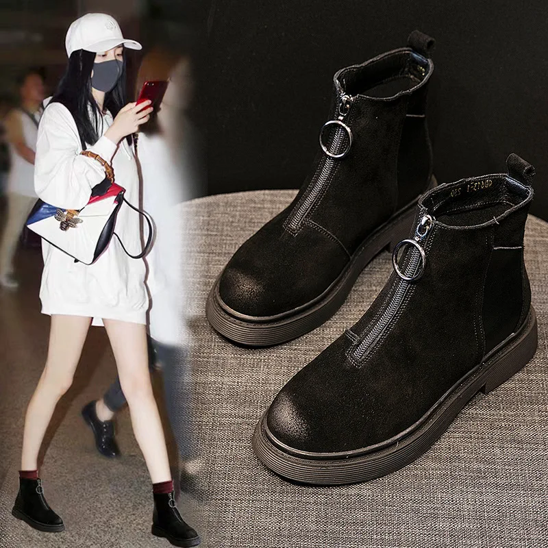 

2019 New Autumn and Winter Single Boot Front Zipper Girl Boot Round Head Mid-heel Boot Winter Rough Heel Plush Martin Boots