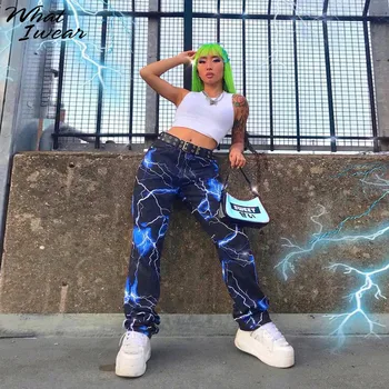 

Women lightning print casual pants fashion streetwear cargo pants high waist sweatpant lady long trousers 2019 autumn