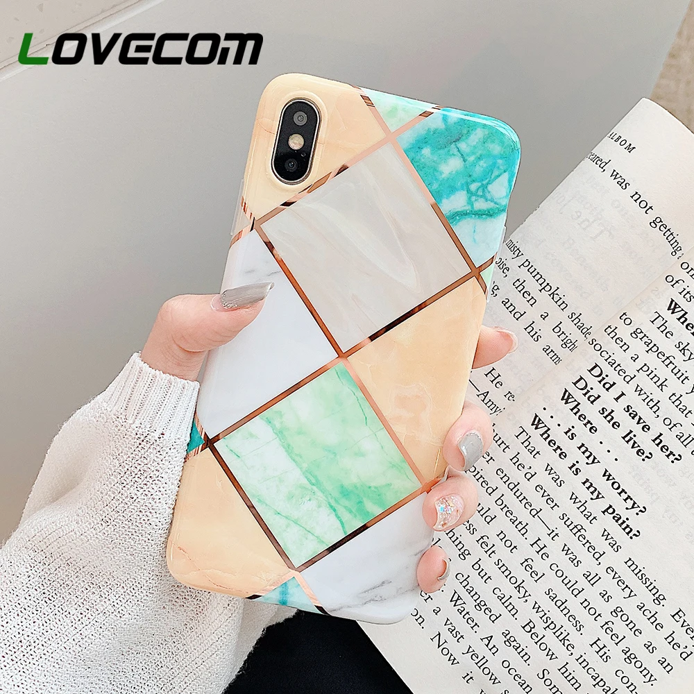 

LOVECOM Phone Case For iPhone XR XS Max 6 6s 7 8 Plus X Splice Colorful Marble Texture Electroplated Soft IMD Phone Back Cover