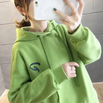 

Mid-length Hoodie Women's plus Velvet Autumn And Winter Loose-Fit Korean-style Printed Letter Hooded Thick Tops 7860