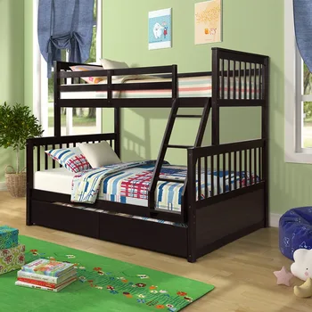

New High Quality Stocked Walnut Double Oversized Bunk Bed with Ladder and Two Drawers Home Space Saving