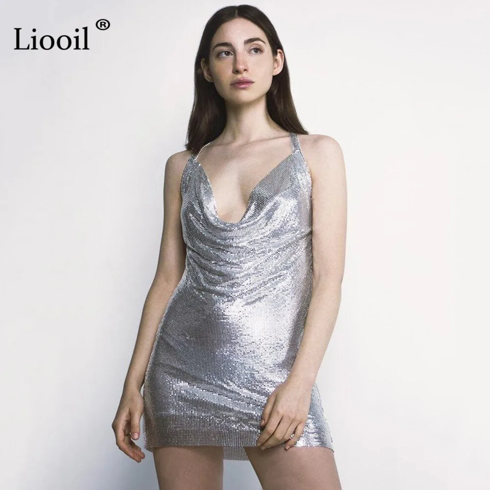 Liooil, золотое, серебряное, с блестками, с открытой спиной, женское мини-платье, сексуальная клубная одежда, наряды, без рукавов, v-образный вырез, вечерние, для ночного клуба, черные платья