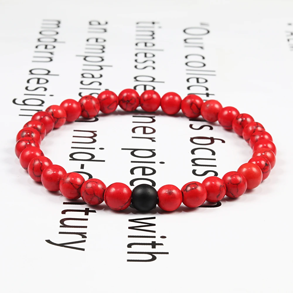 Couple Distance Bracelet Red Turquoises Black Matte Natural Stone Men Bangle 6mm Elastic Rope Beaded Bracelets for Women Jewelry