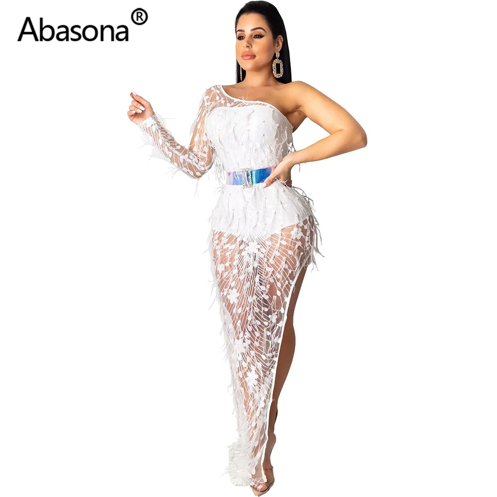 Abasona, женское осенне-зимнее платье макси, с вырезом лодочкой, сплошное, с длинным рукавом, с мехом, с бисером, облегающее, сексуальное, Клубное, вечернее платье