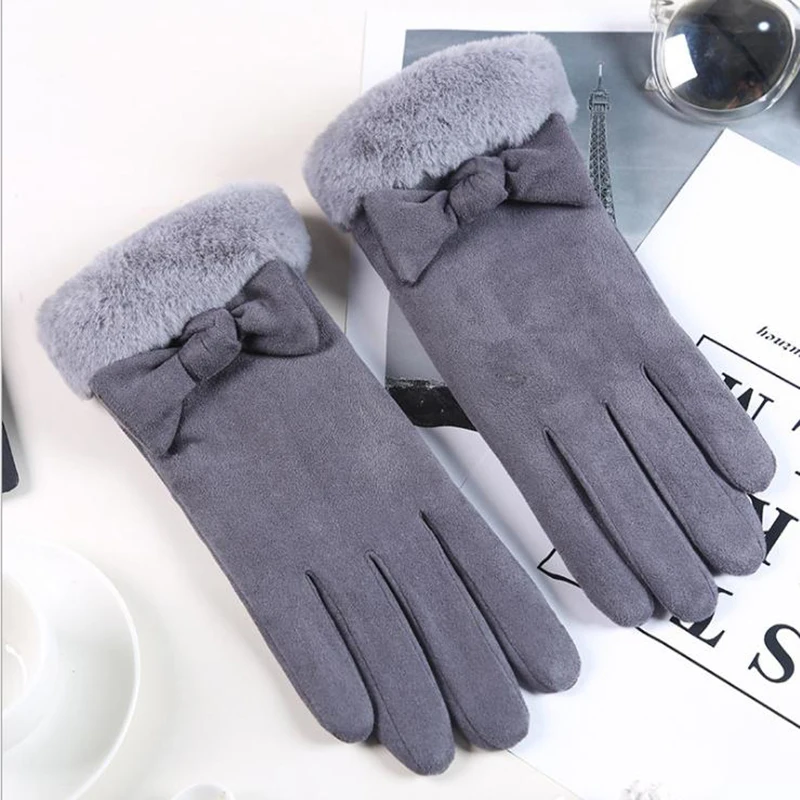 MoneRffi Female Gloves Thick Warm Winter Suede Fashion Outdoor Touch Screen Ladies Glove Plus Velvet Buckskin Cartoon Mittens