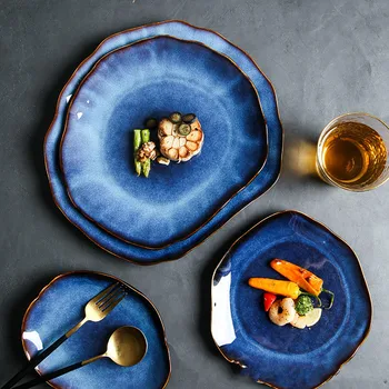

French Food Dinner Plate Blue Cat Eye Ceramic Irregular Fruit Salad Dessert Serving Tray Flat Dishes European Kitchen Tableware