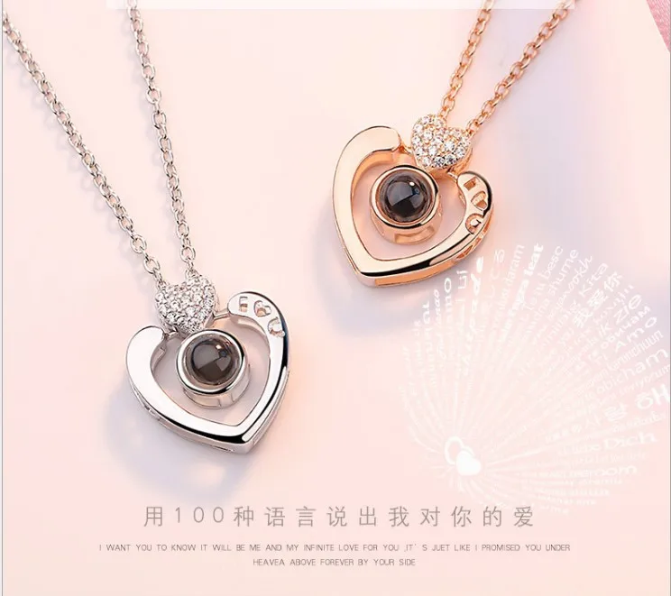 

Love Necklace Women's 100 Kind Language 520 I Love You Douyin Celebrity Style Fine Silver Memory Mei Beads Pendant Korean-style