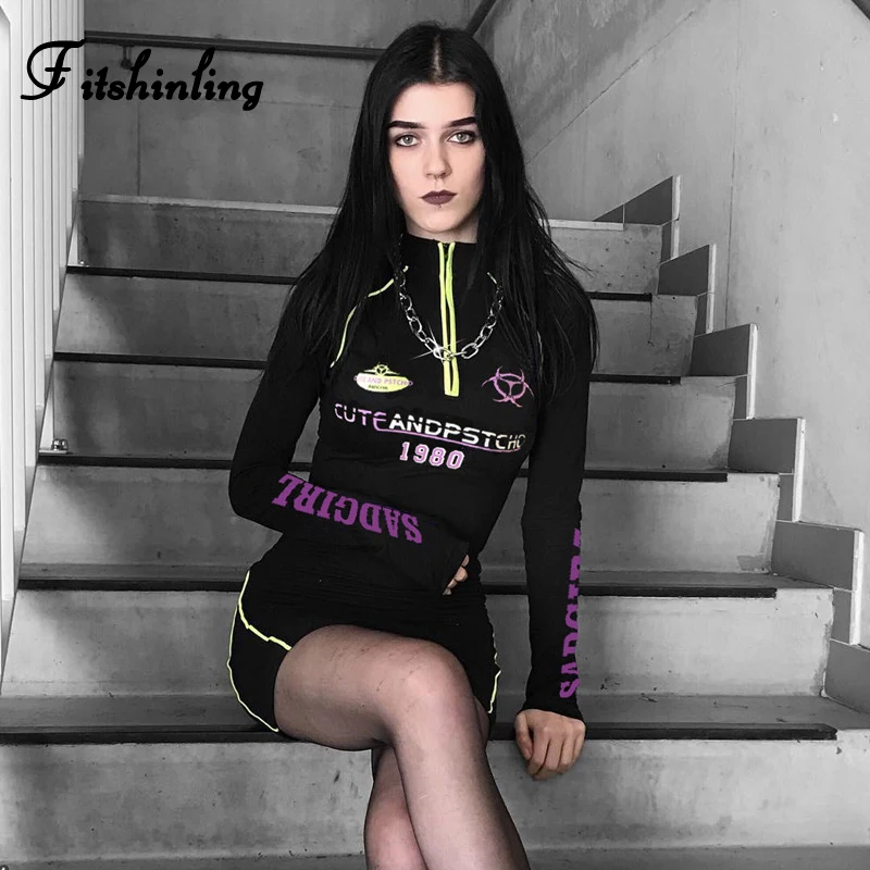 

Fitshinling Goth Dark Fitness Bodycon Dress Female Letter Print Slim Black Mini Dresses For Women Long Sleeve Zip-Up Vestidos