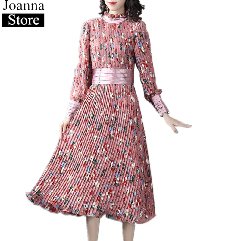 

Spring Printed Splice Chiffon Long Dress Women Lantern Sleeve Floral Slim Vintage Elegant Floral Pleated Dress Plus Size clothes