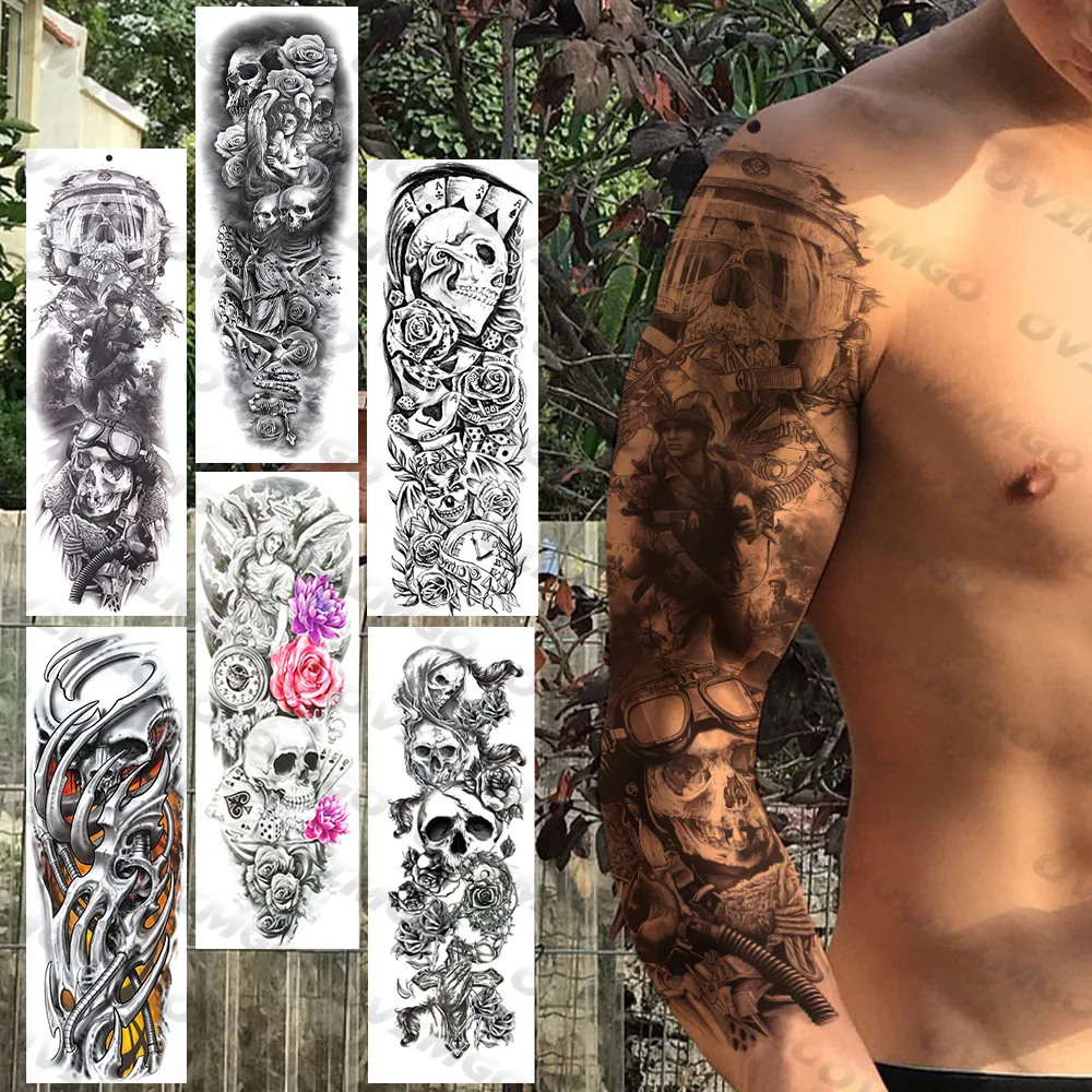 Black Pilot Skull Skeleton Halloween Temporary Sleeve Tattoo For Men Women  Adult Soldier Fake Full Sleeve Tattoo Sticker Tatto - Temporary Tattoos -  AliExpress
