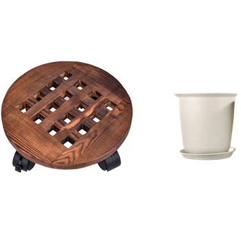 

1 Set 7.2 Inch Resin Flower Pots with Drainage Holes and Trays & 1 Pcs Wood Flower Pot Removable Tray Plant Holder Stand