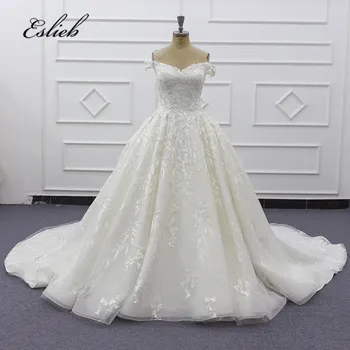 شراءEslieb فستان زفاف 2020 فاخر الأميرة طويلة القطار و خمر الدانتيل قبعة الأكمام Vestidos De Noiva رداء دي Mariage