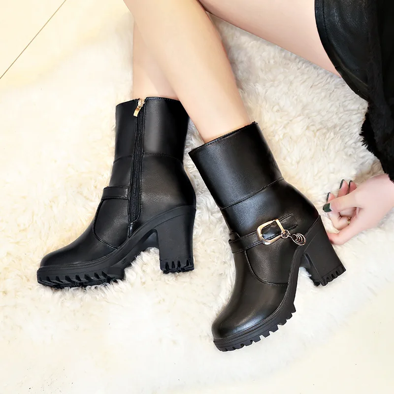 

2019 Autumn And Winter Women's Boots Martin Korean-style Fashion Warm plus Velvet Leather Boot High-Heel Chunky-Heel Middle Boot