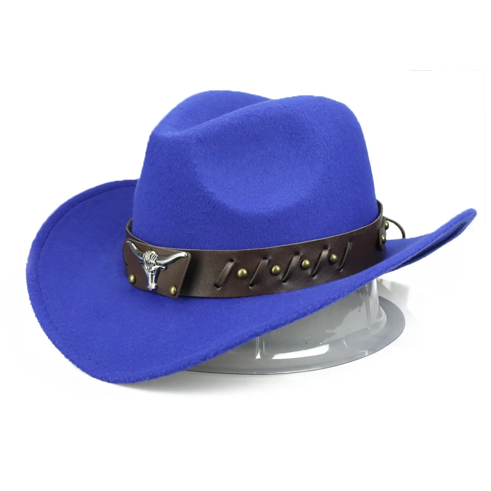 YY из искусственной кожи ремень бык ковбой кепки хлопок теплый Trilby Fedora для мужчин женщин с широкими полями Джаз Шляпа Chapeu de Vaqueiro FD19060 - Цвет: Blue Bull Hat