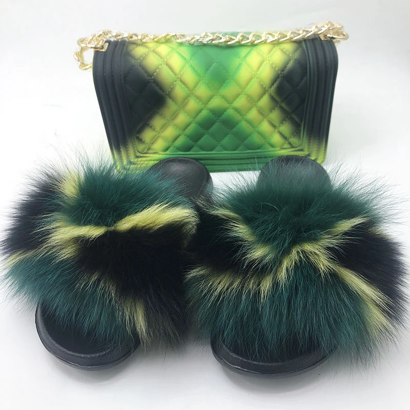 fluffy slides with matching purse