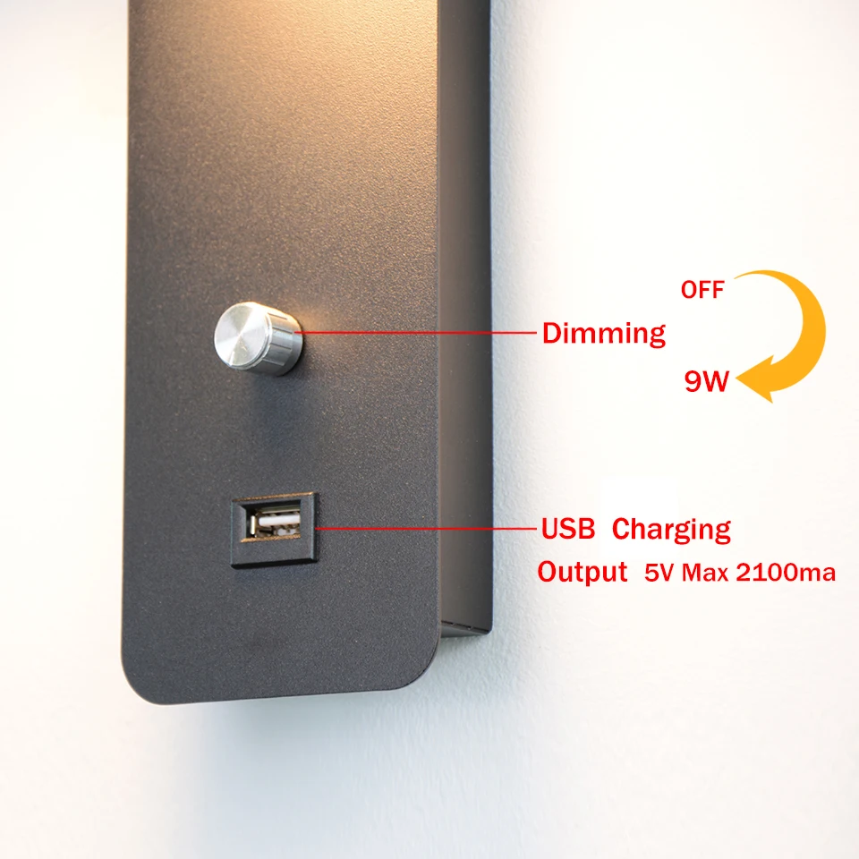 Lâmpada de Parede Interior para Cabeceira Botão Interruptor Regulável Carga Usb Luz Parede 9 w Branco - Preto Iluminação Escada Arandela Luminaria Led 8 carga usb luz parede 9 w branco