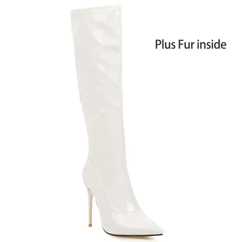 Sgesvier/ г. Большие размеры 34-48, сапоги до колена женские сапоги с острым носком на осень-зиму пикантная женская обувь на высоком каблуке-шпильке на молнии - Цвет: plus fur white
