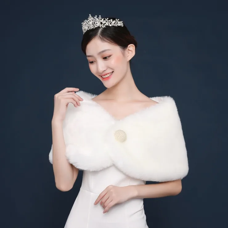 ivory ball brooch Черный серый красный цвета слоновой кости зимний теплый Свадебный вечерний Выпускной жакет черный белый искусственный мех свадебные накидки шали дешевые свадебные аксессуары - Цвет: ivory ball brooch