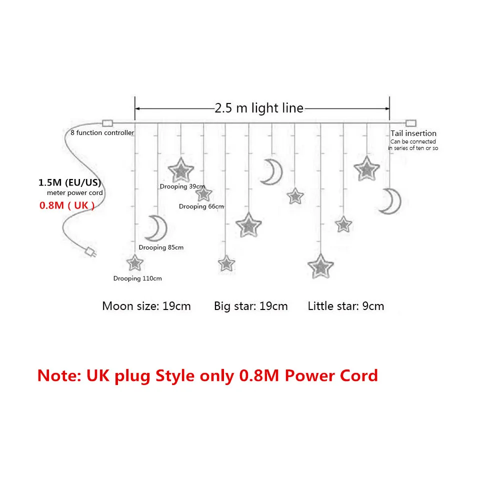 US $12.39 EUUSUK Plug LED Moon Star Lamp Christmas Garland String Lights Fairy Curtain Light For Wedding Holiday Garden Decoration