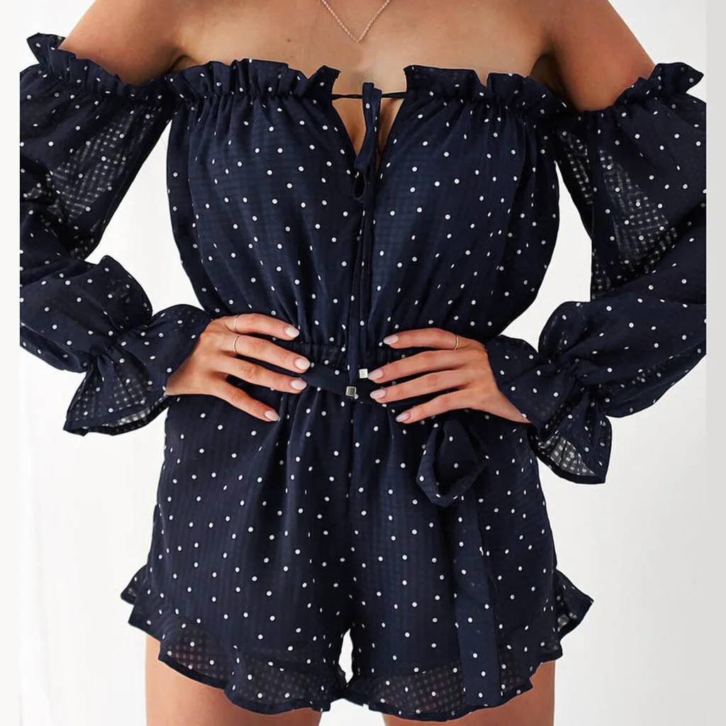 Navy Polka Dot Для женщин плеча Для женщин пикантные летние туфли на танкетке и с отделкой по краю; футболка с короткими рукавами и шорты; комбинезоны; теплые брюки; с поясом для девочек Комбинезон, короткий комбинезон B4 - Цвет: Navy